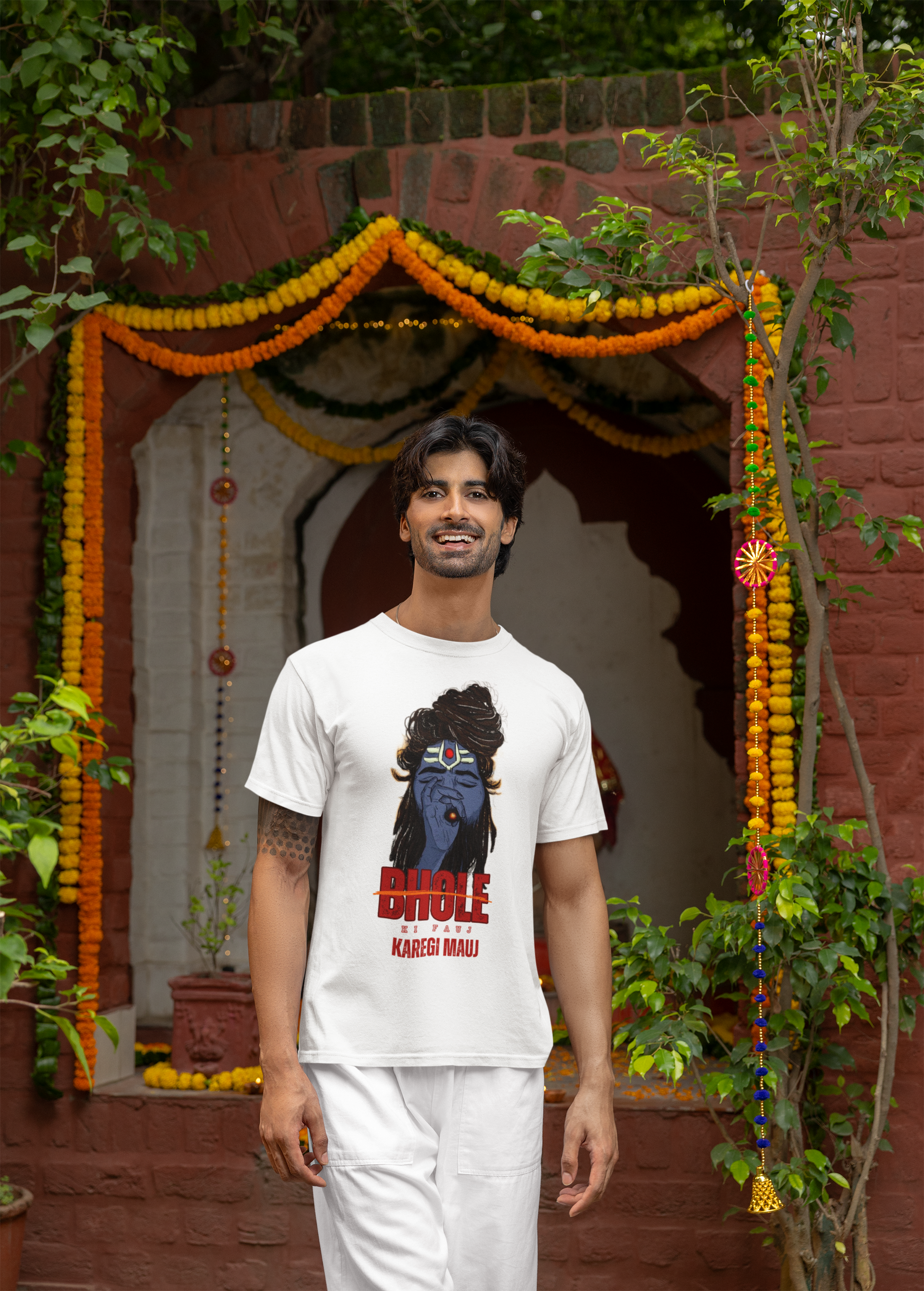 Bhole Ki Fauz Karegi Mauz with Image Dual Side Printed T-Shirt For Men and Women- EvrBay